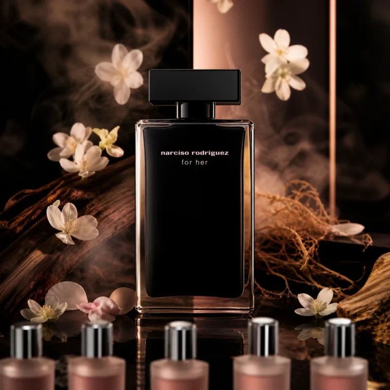 عکس سینمایی و لوکس عطر نارسیسو رودریگز فور هر با بطری مشکی و نورپردازی صورتی، همراه با ویال‌های تست کوچک در نمای محو و پس‌زمینه تیره و فانتزی.