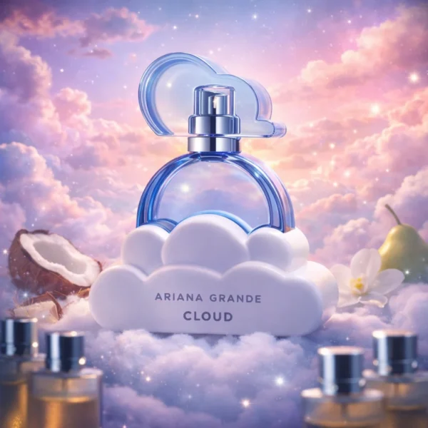 عکس فانتزی و هنری عطر آریانا گرانده کلود با بطری آبی ابرشکل، در کنار گلابی، لیمو، نارگیل، چوب صندل و شاخه‌های اسطوخودوس، با پس‌زمینه روشن و سه ویال تست در پشت.