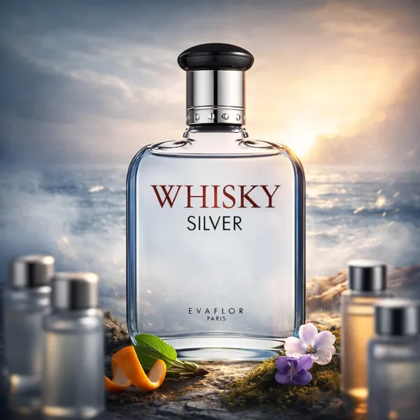 عکس سینمایی عطر ویسکی سیلور از برند Evaflor با بطری شفاف آبی، پسزمینه دریایی و مه خنک، همراه با چند ویال تست محو در پیشزمینه و برگهای سبز در بالا.